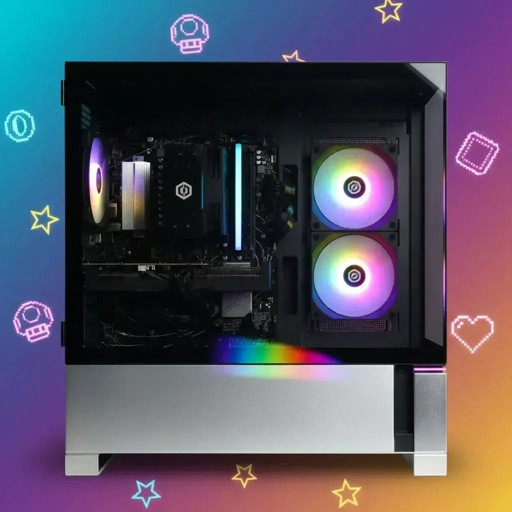 Sleek gaming PC with dual RGB cooling fans, transparent side panel, and colorful pixel art background