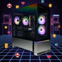 Gaming PC with RGB fans on a neon grid background with pixelated hearts, coins, mushrooms, and arcade machines