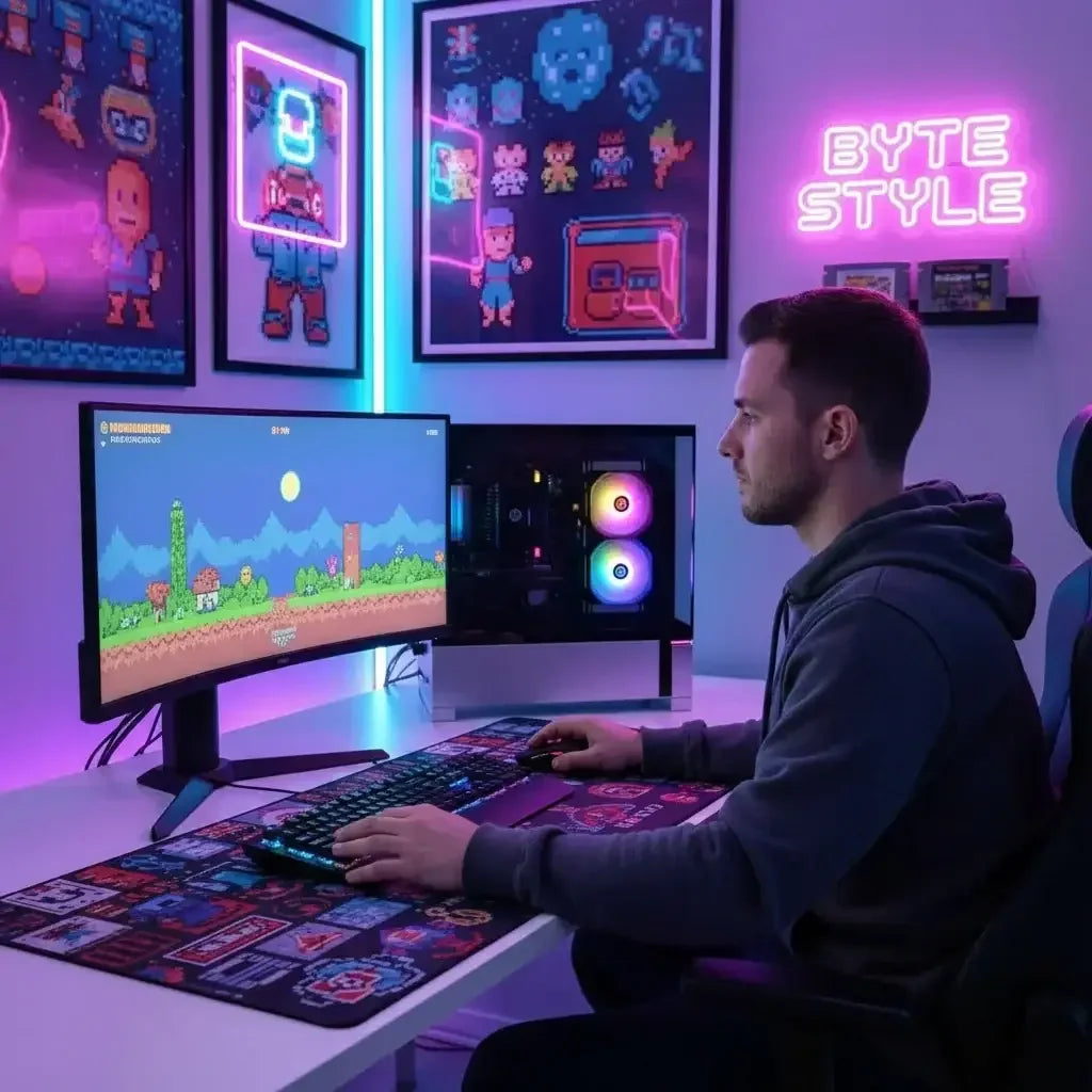 Man gaming at a computer desk with RGB PC, retro pixel art posters, and neon BYTE STYLE sign