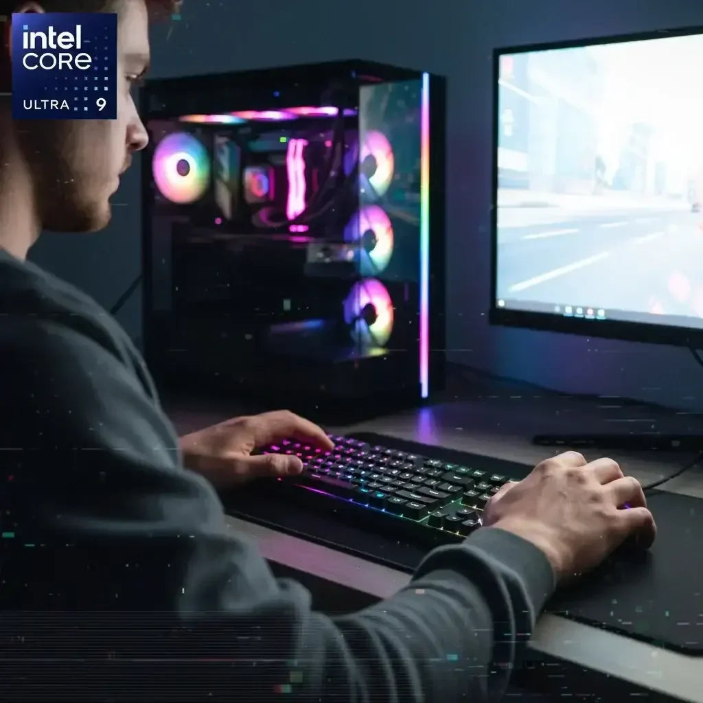 Young man gaming on PC with RGB keyboard and gaming desktop featuring colorful LED fans
