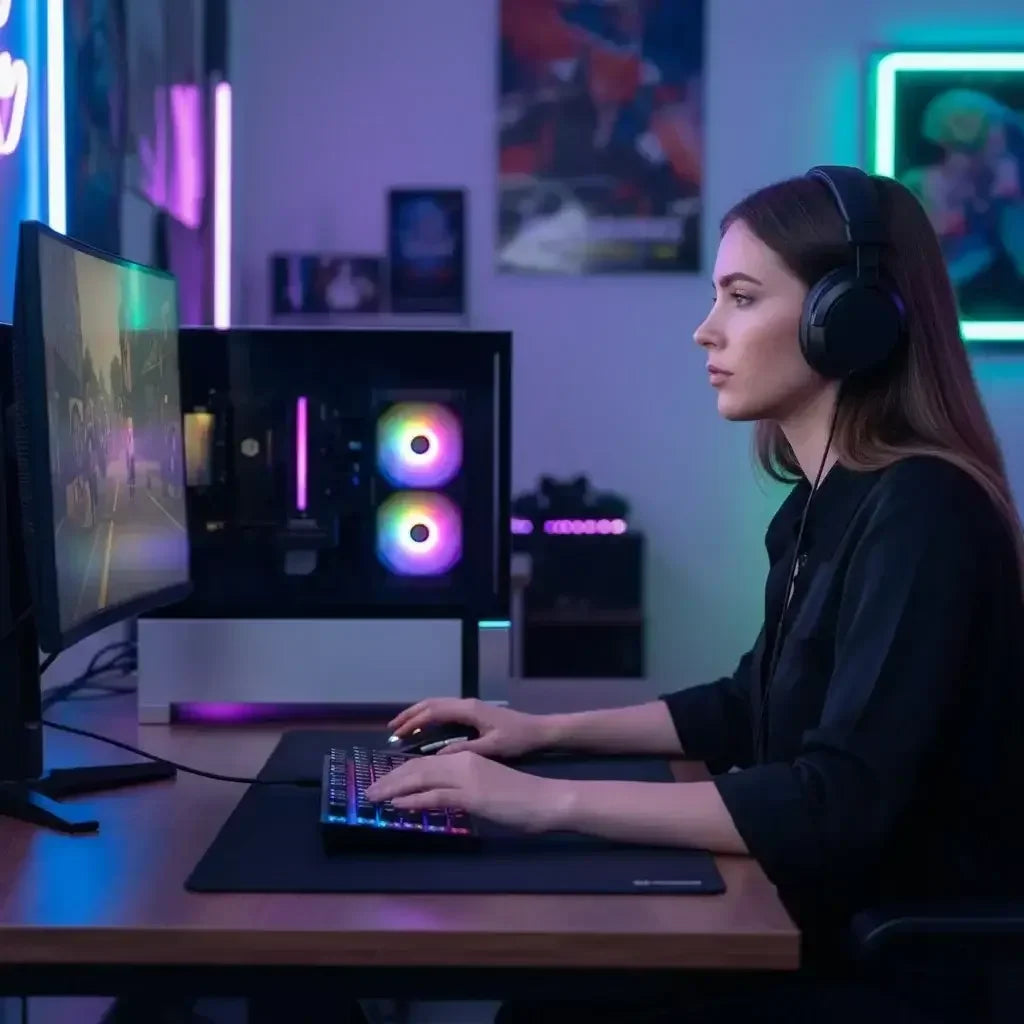 Woman wearing headphones focused on gaming at desktop with RGB keyboard and PC in neon-lit room