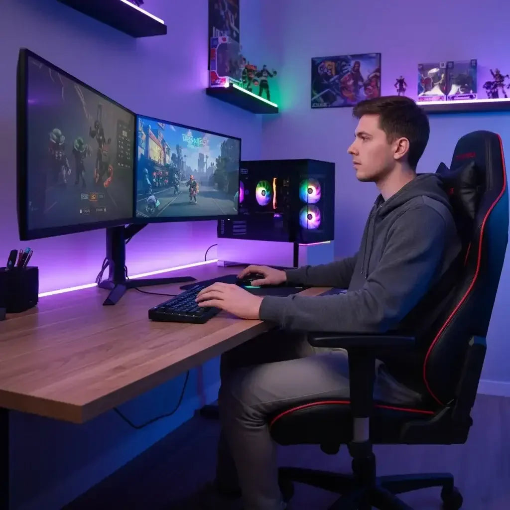 Young man playing video games on dual monitors with RGB gaming PC and ambient purple LED lights