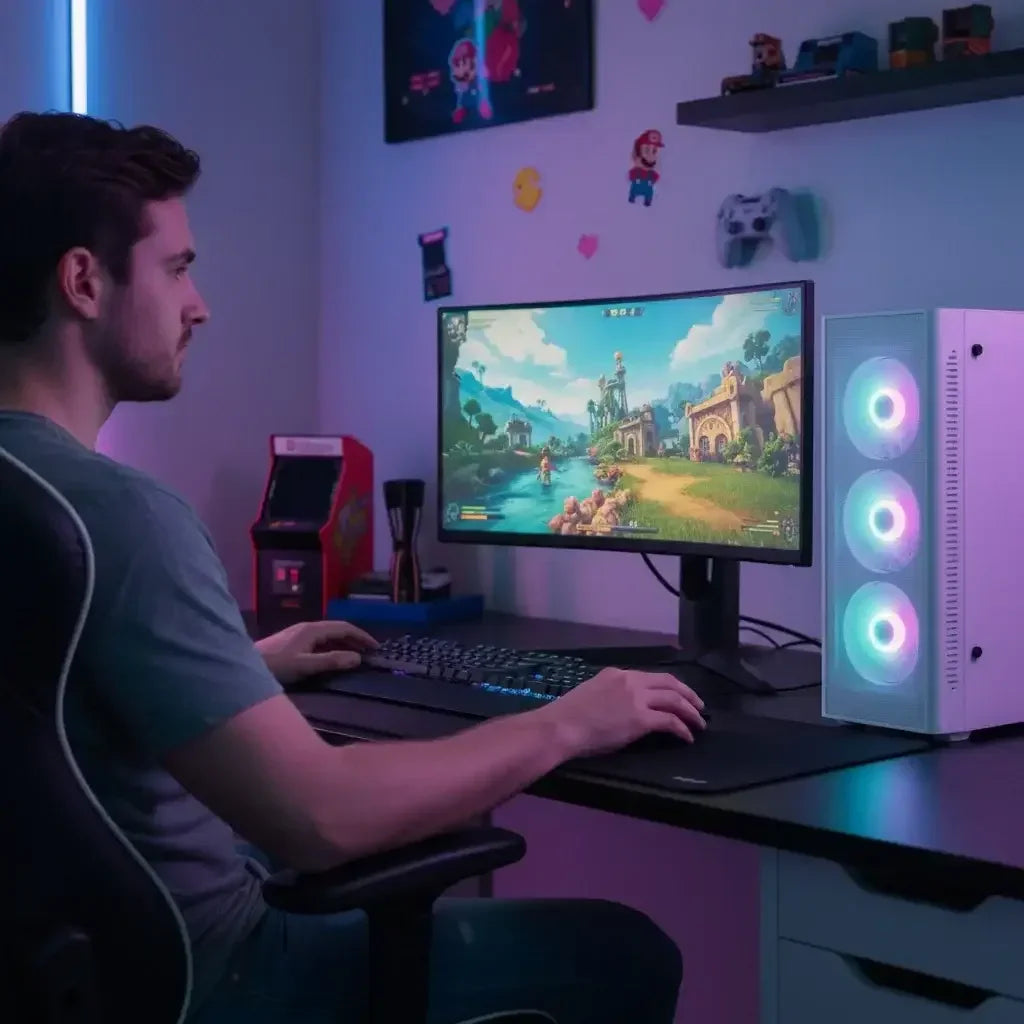 Man playing PC video game at modern gaming setup with RGB-lit computer and gaming decor