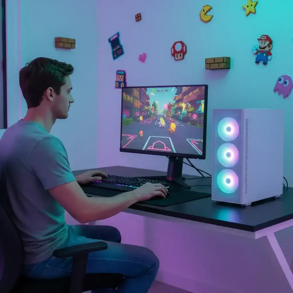 Gamer at RGB-lit desk playing video game on PC, with retro gaming wall decor.