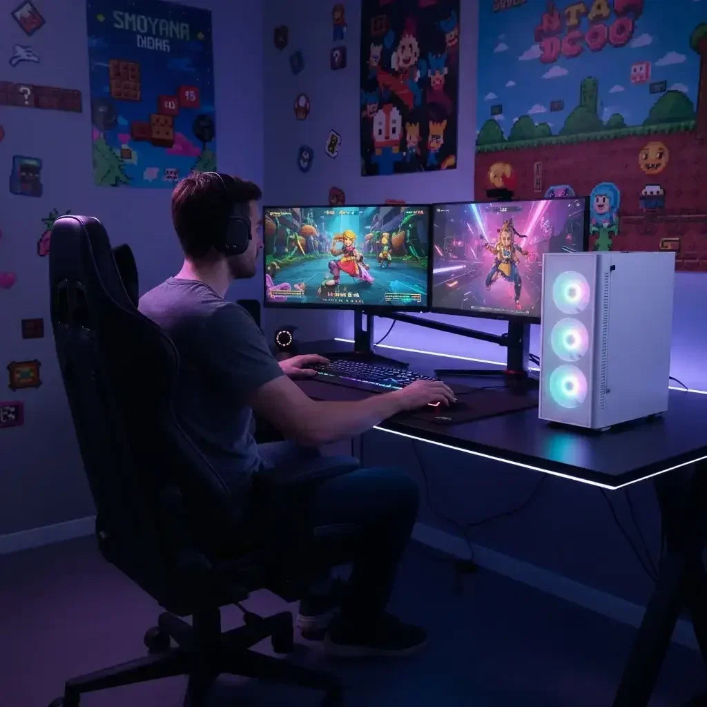 Man gaming on dual monitors at RGB-lit PC desk in a decorated gaming room