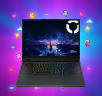 Lenovo Legion gaming laptop with RGB keyboard and futuristic city wallpaper on screen surrounded by pixel art icons