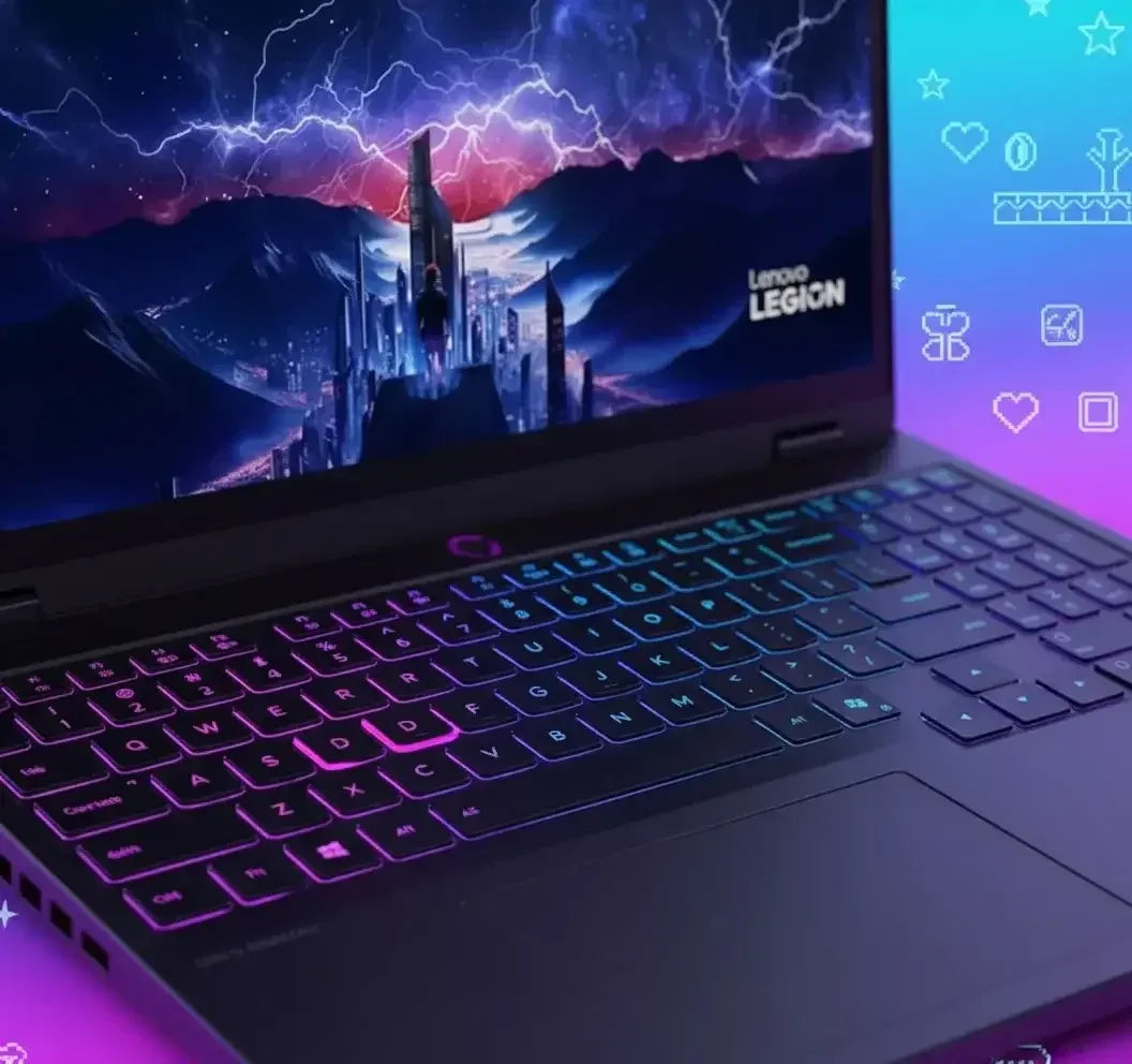Lenovo Legion gaming laptop with RGB backlit keyboard and futuristic city on screen