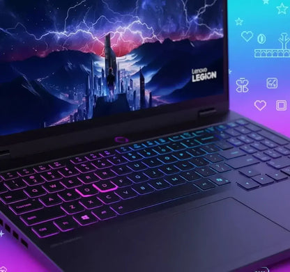 Lenovo Legion gaming laptop with RGB backlit keyboard and futuristic city on screen
