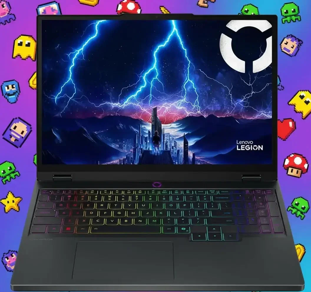 Lenovo Legion gaming laptop with RGB keyboard, lightning screen, retro game icons background