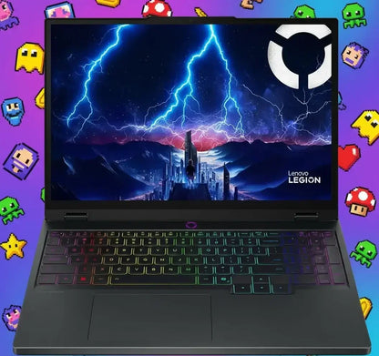 Lenovo Legion gaming laptop with RGB keyboard and a futuristic city lightning screen background