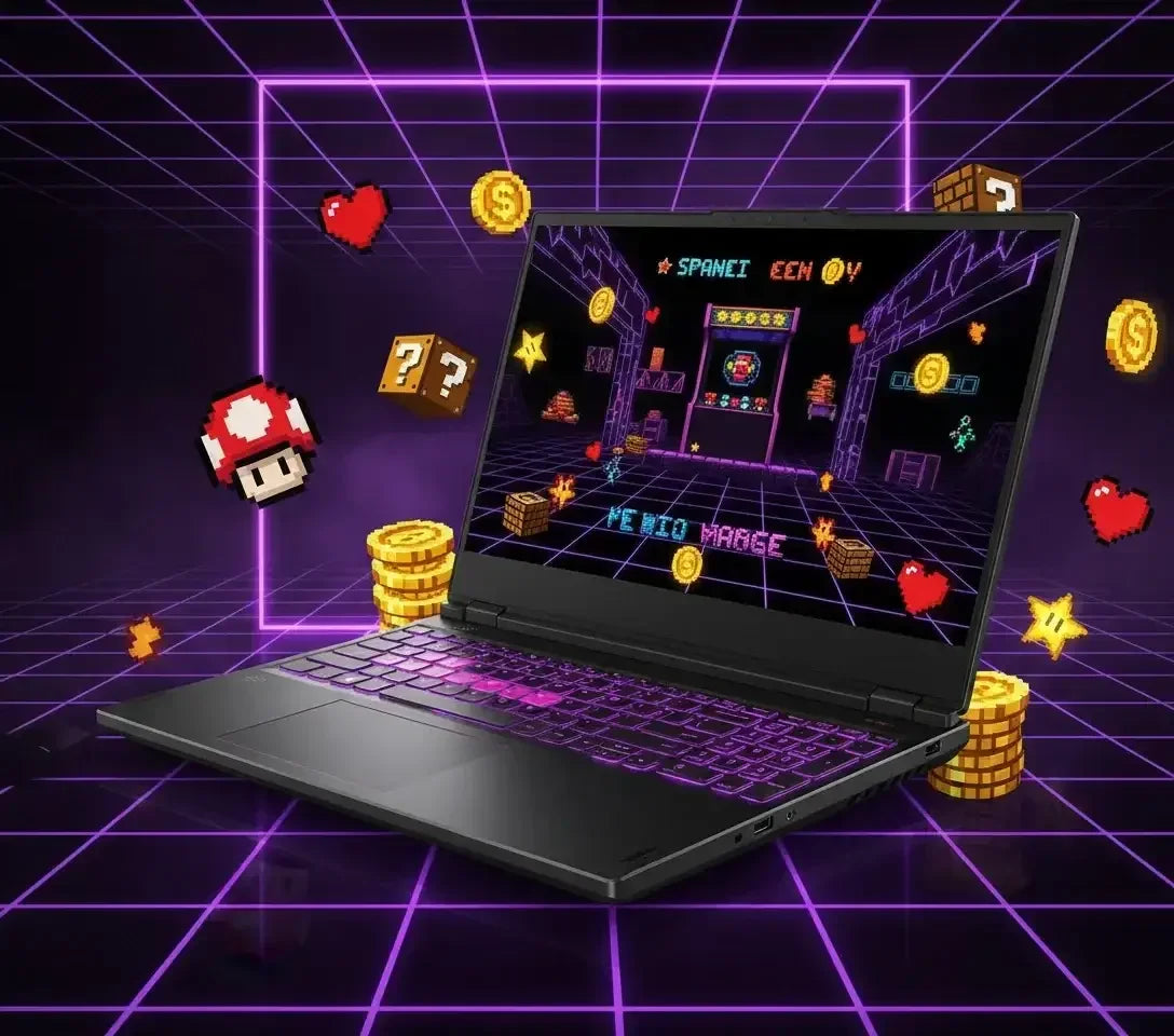Black gaming laptop with purple backlit keyboard displaying retro pixel art game with coins, hearts, mushrooms