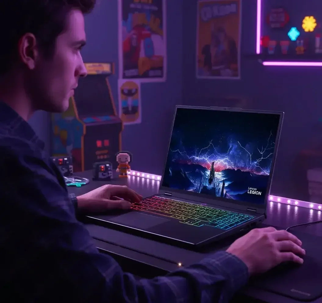 Man using Lenovo Legion gaming laptop with RGB keyboard in a dark gamer room with neon lights
