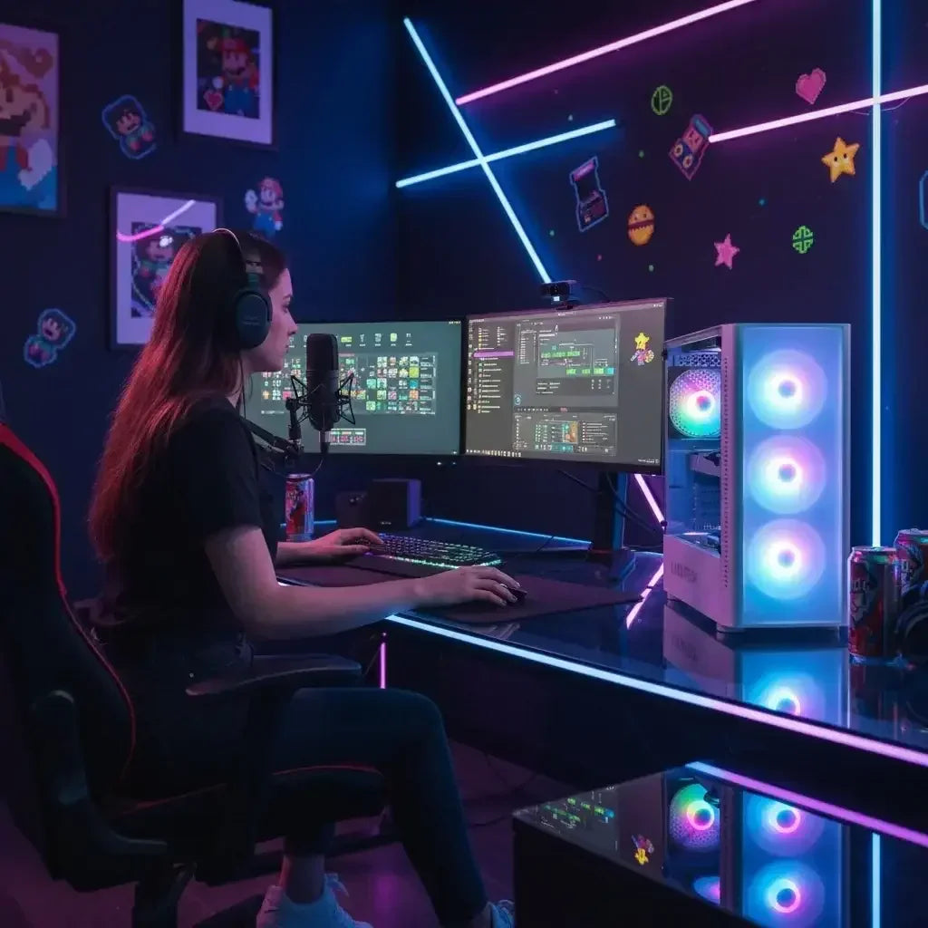Woman streaming at RGB gaming setup with dual monitors and neon wall decor
