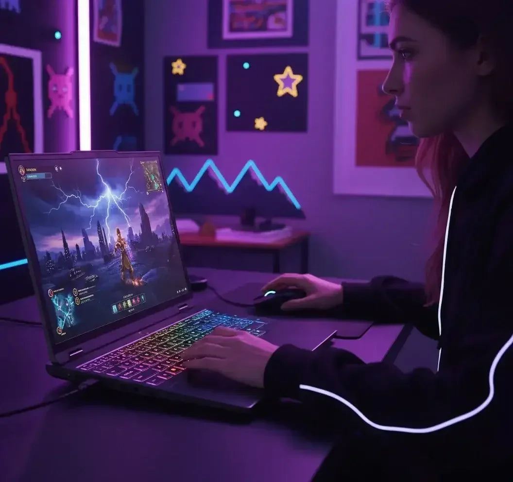 Woman gaming on a laptop with colorful RGB keyboard lighting in a neon-lit room decorated with pixel art