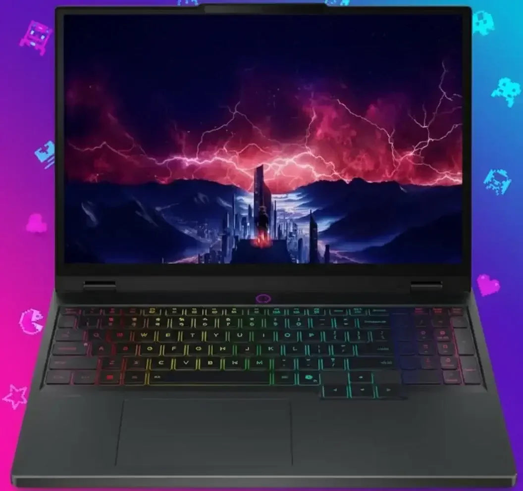 Gaming laptop with RGB keyboard, fantasy city on screen, neon gaming icons background