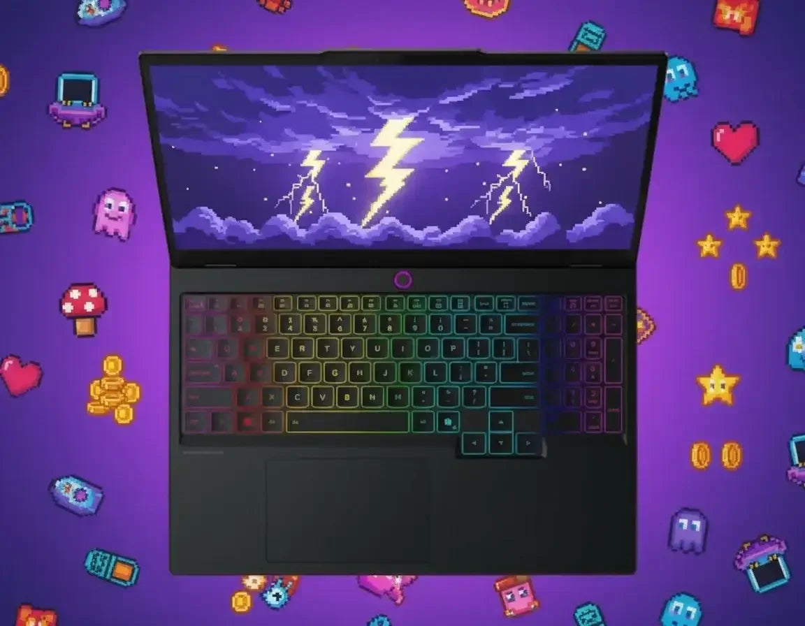 Gaming laptop with RGB keyboard and pixel art thunderstorm screen, surrounded by video game icons on a purple background.