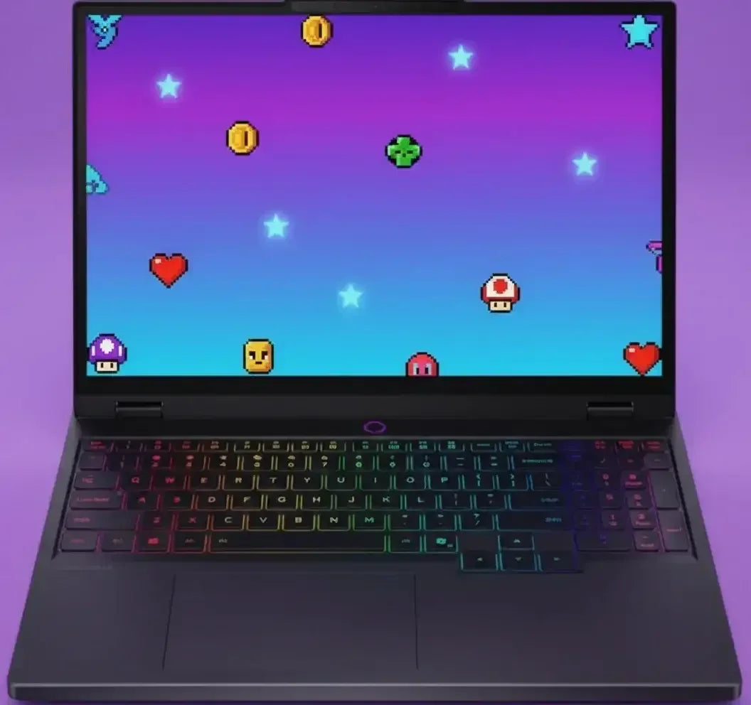 Gaming laptop with RGB keyboard displaying pixelated retro video game icons on screen