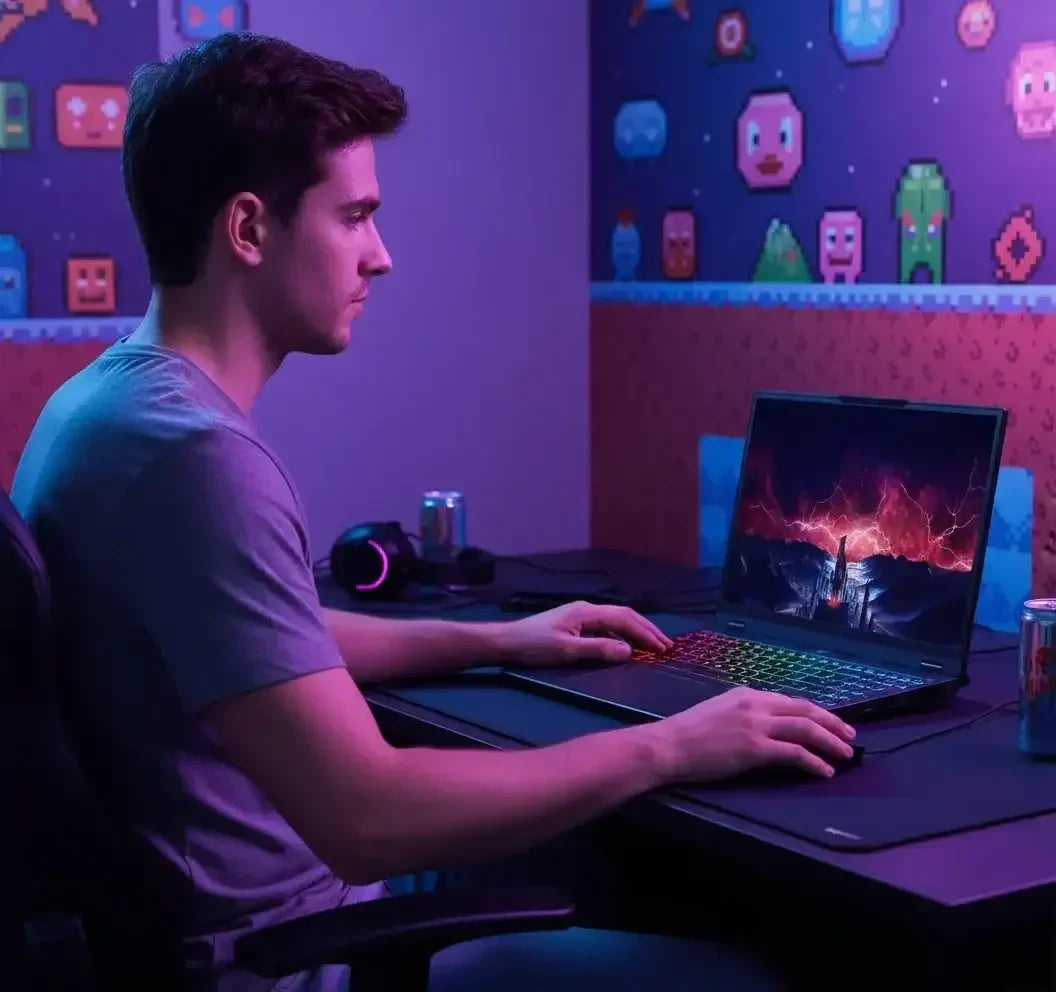 Man gaming on RGB keyboard laptop in themed room with pixel wall art, energy drinks nearby