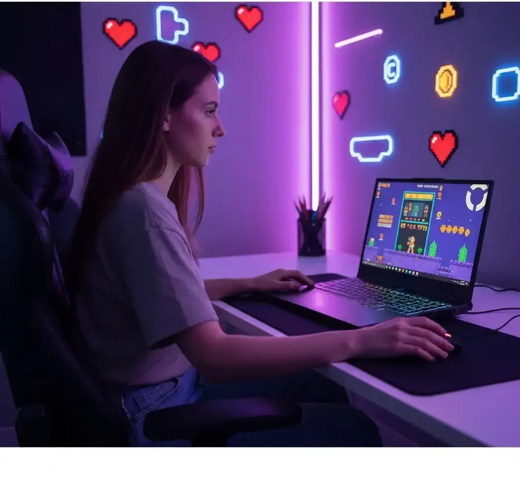 Woman gaming on laptop in purple-lit room with pixel art hearts and coins on wall
