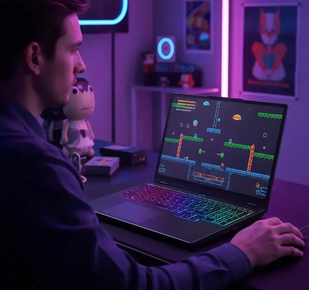 Man playing retro video game on gaming laptop with RGB keyboard in neon-lit room