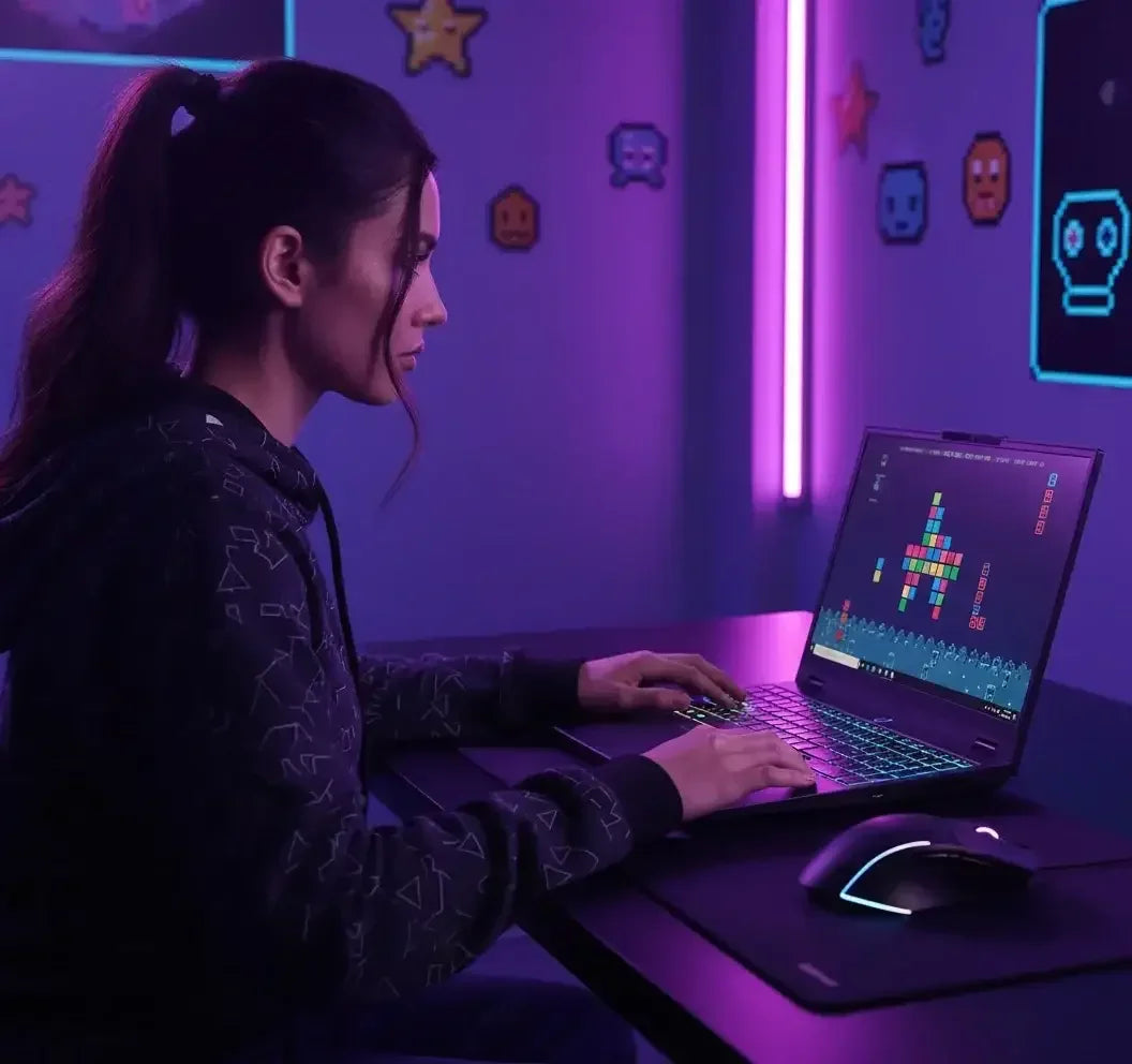 Woman gaming on laptop in neon-lit room with pixel art décor and RGB mouse