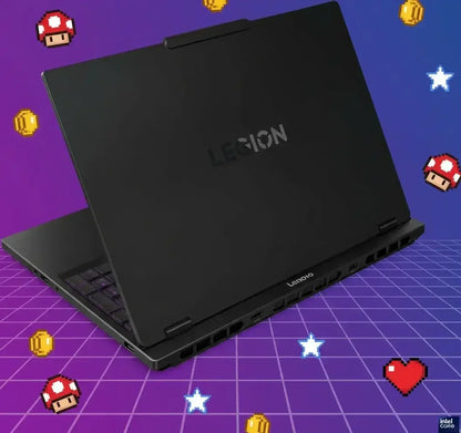Lenovo Legion black gaming laptop on purple grid background with pixel art mushrooms, coins, stars, and heart