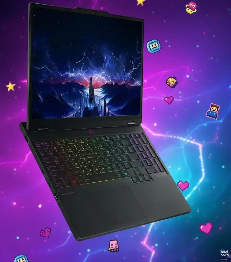 Black gaming laptop with RGB keyboard and fantasy cityscape screen on vibrant purple and blue background with pixel art icons
