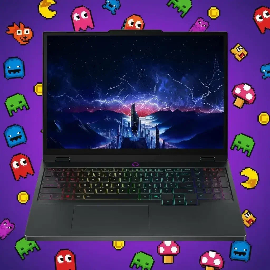 Gaming laptop with RGB keyboard and futuristic cityscape on screen, surrounded by retro pixel art characters