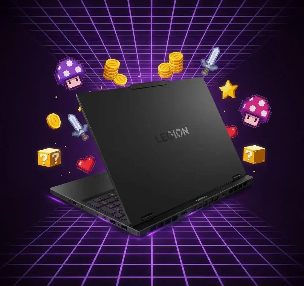Lenovo Legion gaming laptop with pixelated game icons and coins on purple grid background