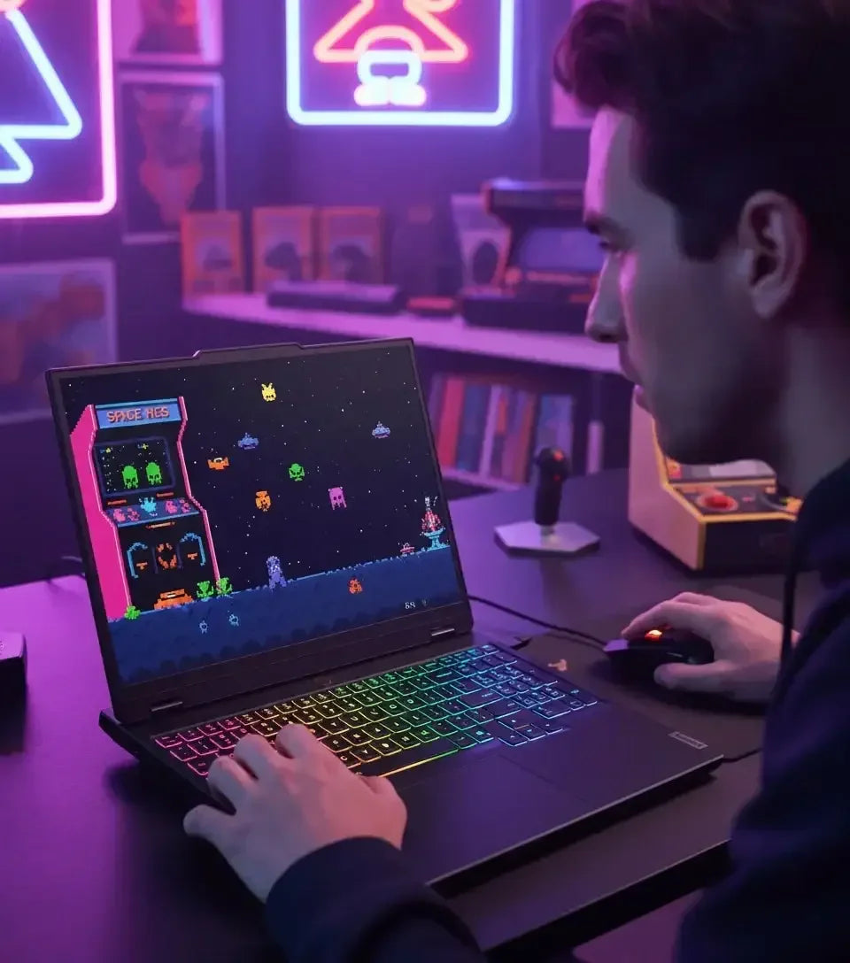 Gamer playing retro pixel arcade game Space Res on laptop with RGB keyboard in neon-lit room
