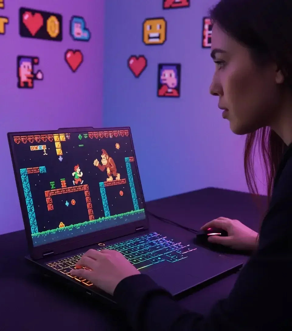 Woman playing retro pixel art platformer game on a laptop with RGB keyboard in purple-lit room