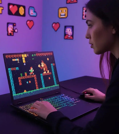 Woman playing retro pixel art platformer game on a laptop with RGB keyboard in purple-lit room