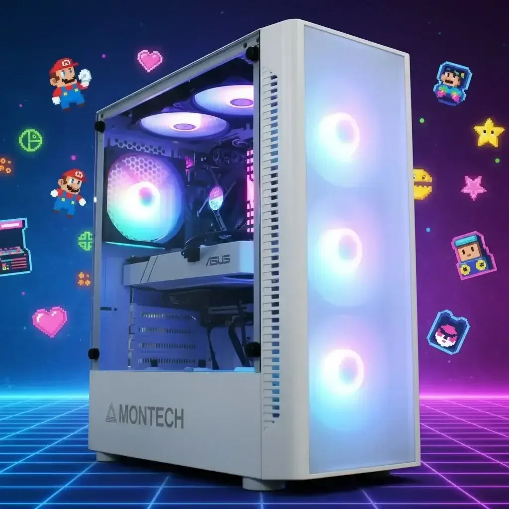 White MONTECH gaming PC with RGB lighting, retro pixel art and neon gaming background