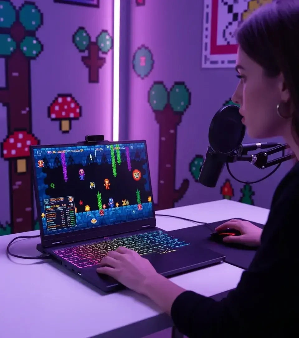 Woman gaming on a RGB keyboard laptop with pixel art game and microphone in neon-lit room