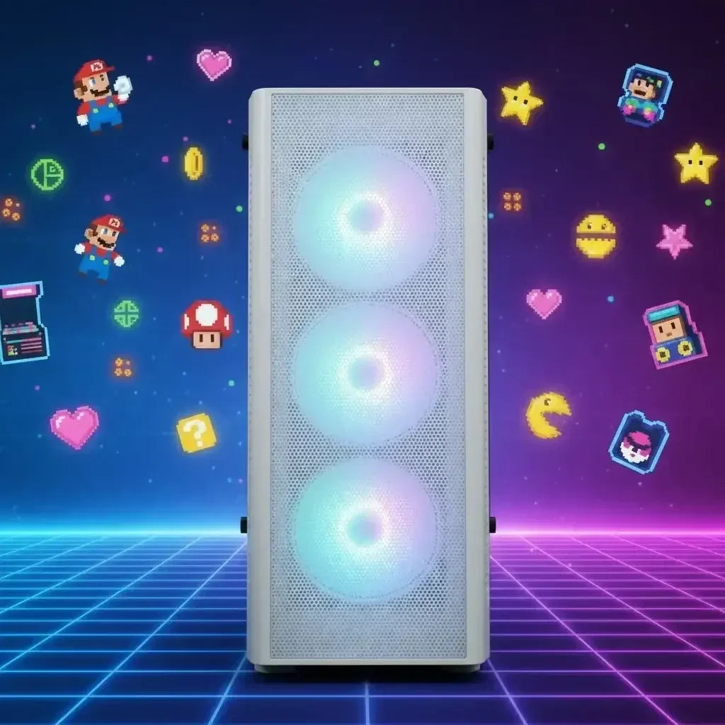 RGB gaming PC case with glowing fans, retro gaming icons, pixel art, neon grid background