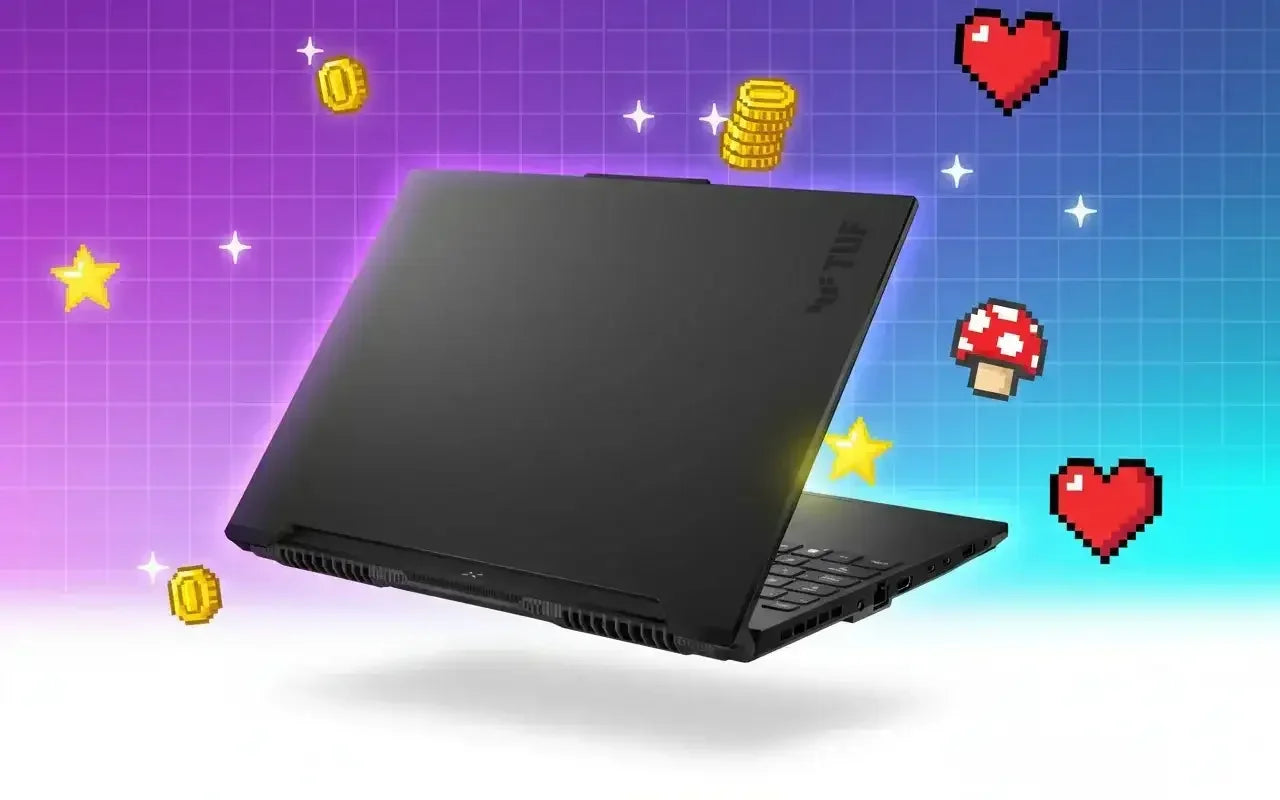 Black ASUS TUF gaming laptop with pixel art icons on a colorful grid background