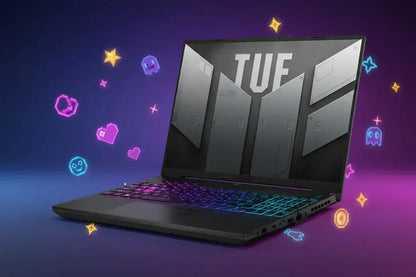 ASUS TUF Gaming laptop with RGB keyboard and pixel art icons on purple background