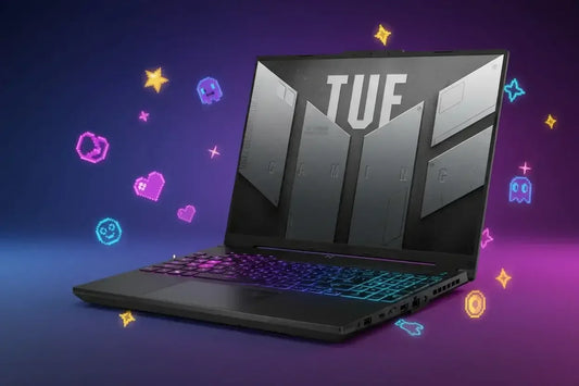 ASUS TUF Gaming laptop with RGB keyboard and pixel art icons on purple background