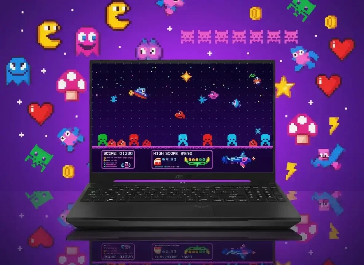 Laptop displaying retro arcade game with colorful pixel art characters and icons on purple background