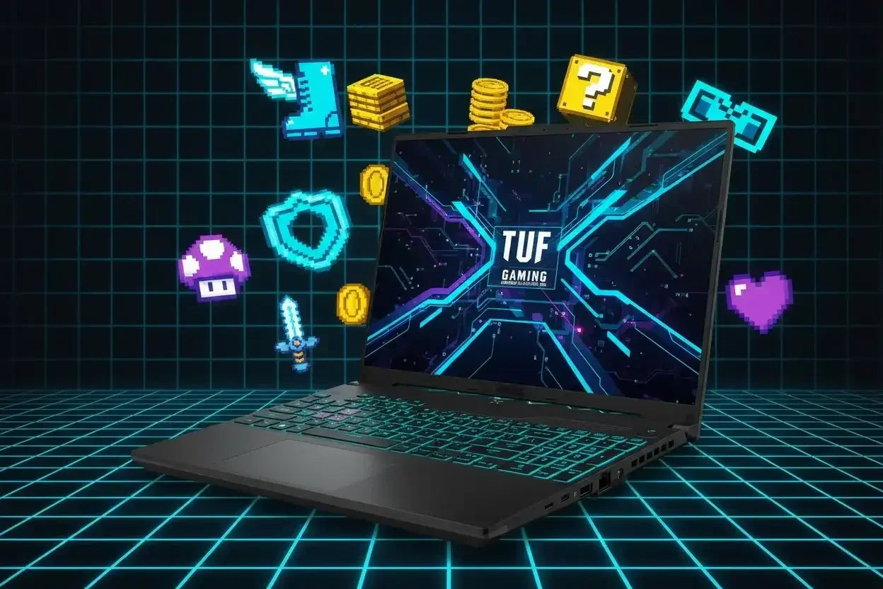 ASUS TUF gaming laptop with retro pixel art icons and neon grid background.