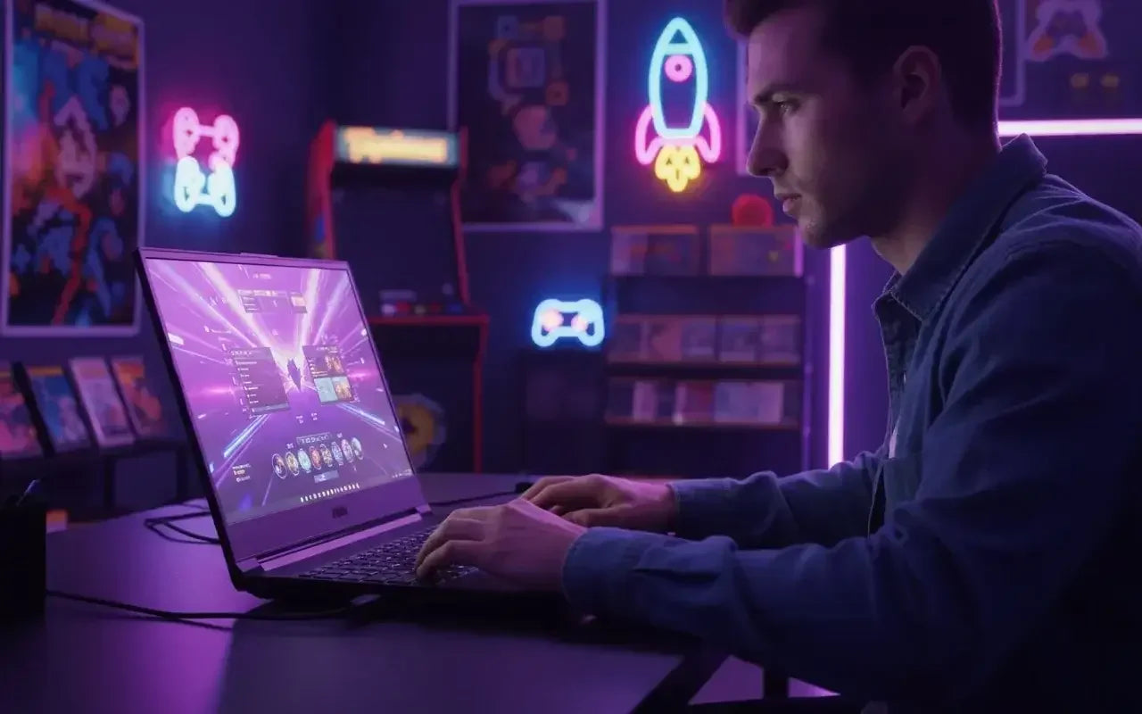 Gamer using a laptop in a neon-lit gaming room with arcade decor and retro posters