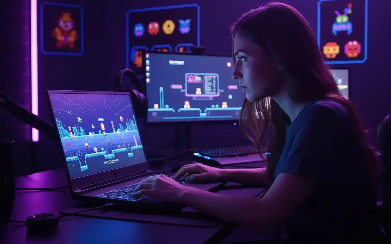 Woman gamer in neon-lit room playing retro video game on laptop with gaming monitors