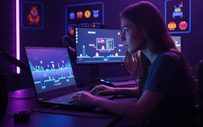 Woman gamer in neon-lit room playing retro video game on laptop with gaming monitors