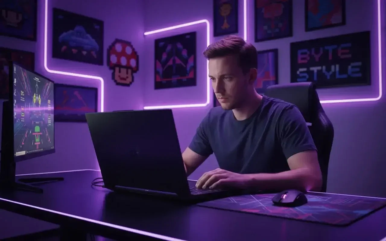 Man using laptop in modern gaming setup with neon lights and pixel art wall decor