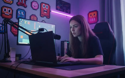 Woman streaming games at computer desk with neon lights and pixel art decor