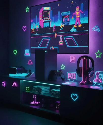 Retro-style gaming setup with Xbox console, controller, headphones, and neon pixel art decor in a dark room