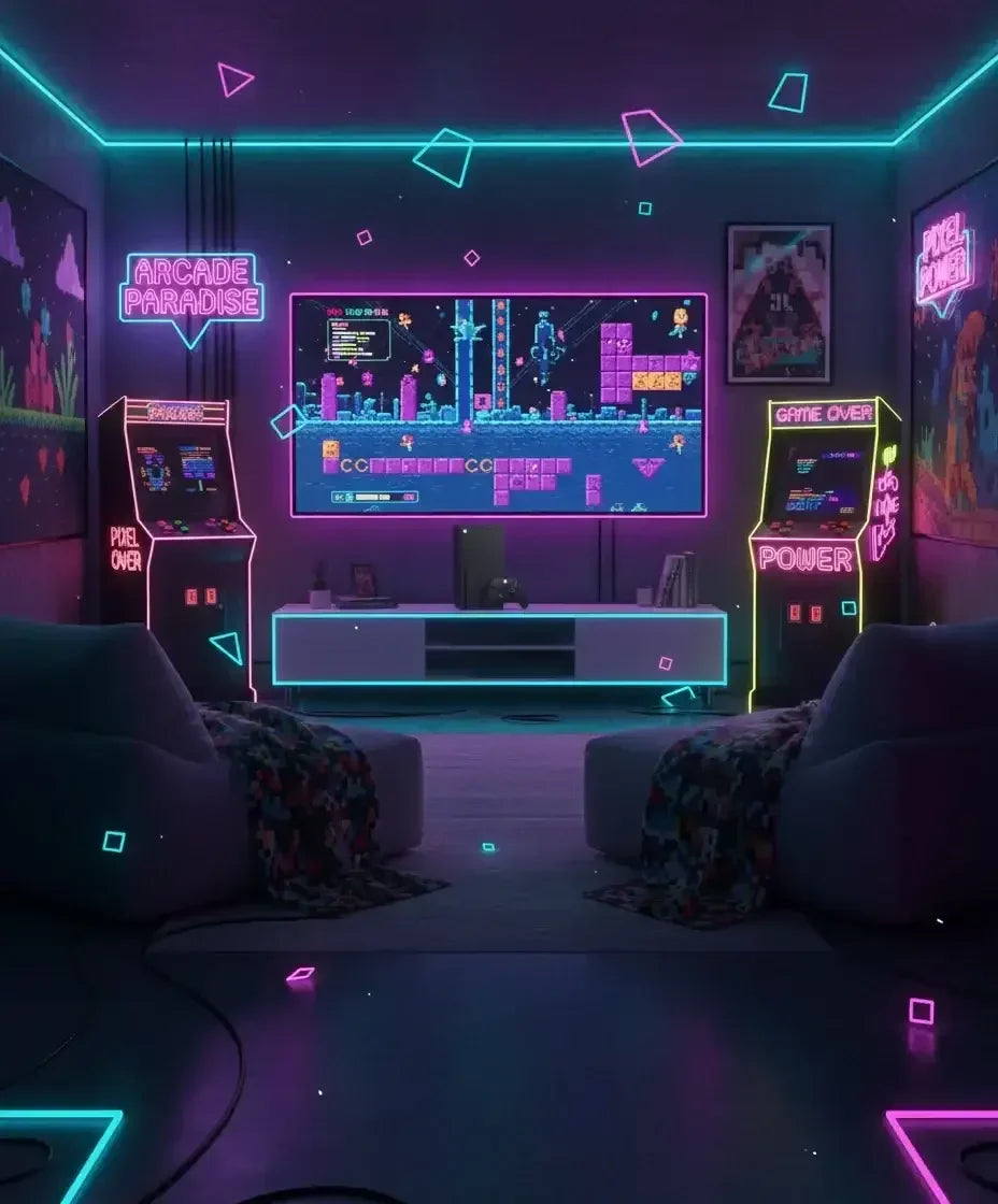Retro gaming room with neon lights, arcade machines, pixel art posters, and a large screen showing an 8-bit video game
