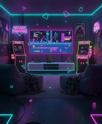 Retro gaming room with neon lights, arcade machines, pixel art posters, and a large screen showing an 8-bit video game