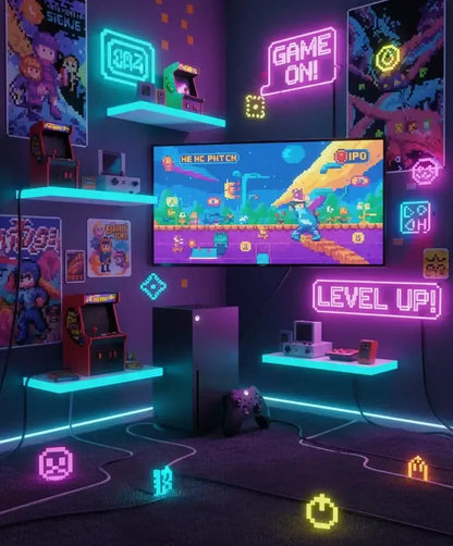 Retro gaming setup with neon lights, arcade machines, pixel art posters, and a large screen showing a pixelated platform game