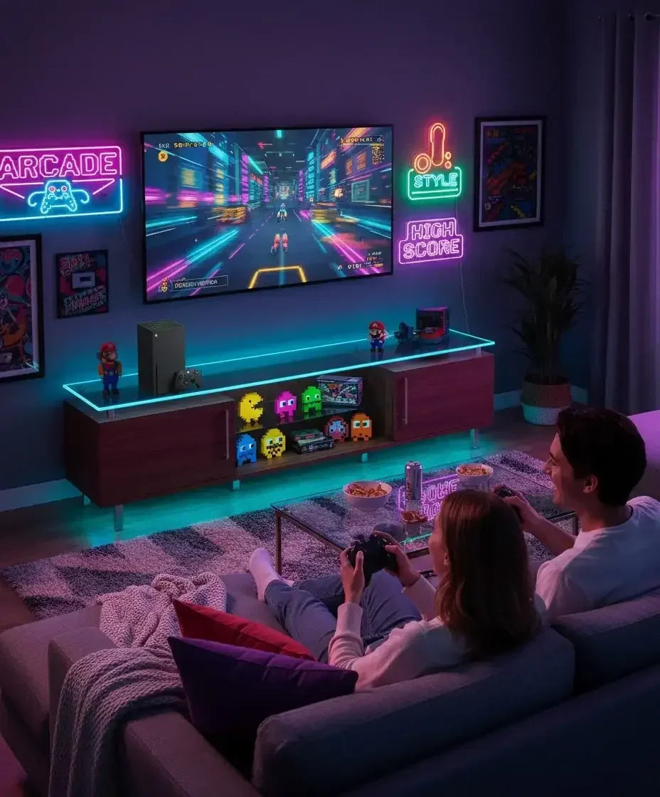 Two people playing futuristic neon-lit retro video game in stylish living room with gaming console and arcade decorations
